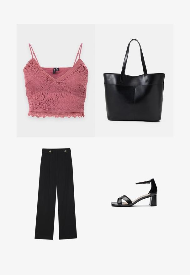 Rosa rosa heklede bralette med justerbare spaghetti-stropper, bølget kant og intrikate blondermønstre i hele stoffet.; Svart vide bukser med høy midje, knappdetaljer på midjebåndet og frontplisser.; Sorte åpen tå hælsandal med kryssede stropper, justerbar ankelstropp og kraftig hæl, med en jevn lærtekstur.; Svart lær toteveske med to lange håndtak, en glatt tekstur og en strukturert form. Har en frontlomme for ekstra oppbevaring.