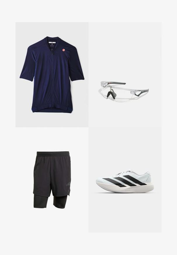 Jūrininkų dviračių maikė, trumpomis rankovėmis, su pilnu priekiu užtrauktuku, tekstūruotas audinys, Castelli logotipas kairėje krūtinės pusėje, nugaros apatinė dalis pailginta, kad būtų geresnis aprėptis.; Juodos sportinės šortai su integruota vidine dalimi, pagaminti iš kvėpuojančios medžiagos. Apsaugotas logotipas ir struktūrizuota tekstūra. Reguliuojamas juosmuo.; Lengvi bėgimo batai šviesiai mėlynos spalvos su juodomis juostelėmis. Yra lygus viršus, apvalus pirštas ir storas baltas vidpadis su užrašu "LIGHTSTRIKE PRO."; Skaidrūs saugos akiniai su lengvu, skaidriu rėmeliu ir pilkiais akcentais. Yra apvalinimo dizainas ir reguliuojama nosies atrama.