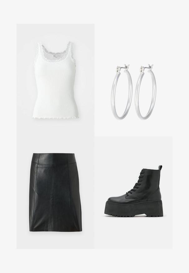 White ribbed tank top with lace trim along neckline and armholes; scalloped hem detail; fitted design and lightweight fabric.; Black leather skirt with a fitted design. Smooth texture, seams outlining shape, and a straight hem. Minimalistic and sleek appearance.; Black ankle boots with a chunky platform sole, made of smooth leather, featuring a lace-up design and a pull tab at the back.; Silver hoop earrings with a smooth, polished finish. Round shape and secure click-top closure. Lightweight design suitable for everyday wear.