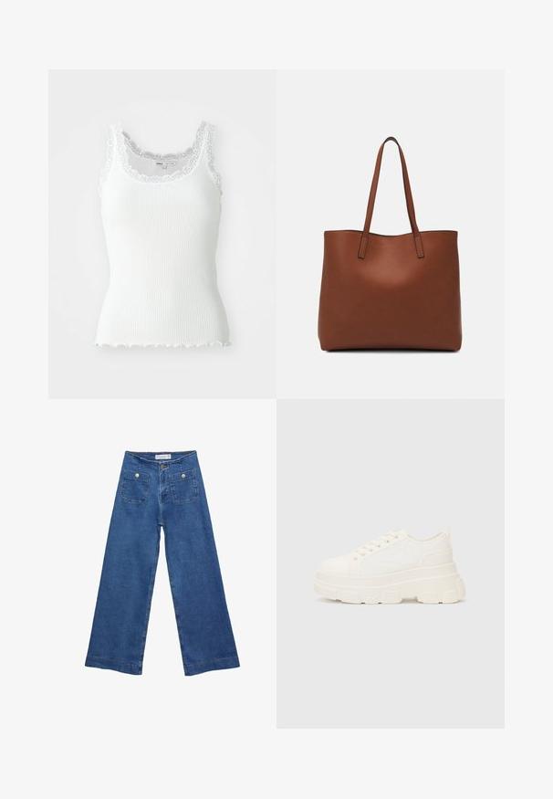White ribbed tank top with lace trim along neckline and armholes; scalloped hem detail; fitted design and lightweight fabric.; Denim wide-leg jeans with a medium blue wash, two front pockets with button closures, and stitched detailing along the hems.; White canvas sneaker with a chunky sole, rounded toe, and five eyelets for laces. Back tab for easy wear. Smooth texture, minimalist design.; Brown leather tote bag with a smooth texture, open top design, and two shoulder straps. Features minimal stitching and no visible hardware.