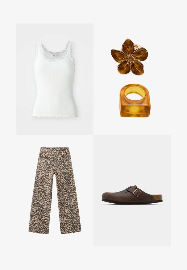 Top corto bianco a coste con bordo in pizzo lungo il colletto e le armature; dettaglio di orlo scallop; design aderente e tessuto leggero.; Pantaloni a gamba larga in denim di tessuto beige con motivo maculato nero; presentano cinque tasche e chiusura frontale con bottone.; Zoccolo in pelle marrone con una fascia ampia e una fibbia in rame, caratterizzato da una soletta in sughero testurizzata e una suola in gomma nera spessa.; Anello floreale di colore ambra con una finitura lucida e un centro rotondo, affiancato da una corrispondente banda quadrata di ambra.