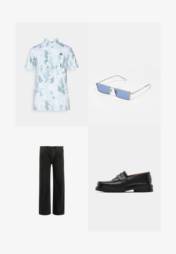 Trumpas rankoves polo marškinėliai baltoje medžiagoje su žaliu gėlių raštu ir apvaliu logotipu kairėje krūtinės pusėje. Klasikinio tipo apykaklė.; Juodi džinsai plačiomis kojomis su aukštu liemeniu, su klasikinio penkių kišenių dizainu ir švelniu prasiskverbimu dėl tekstūruotos išvaizdos.; Juodi odiniai loafersai pasižymi pakelta siūle, dviem dekoratyviais dirželiais ant viršaus ir storu tekstūruotu padu, kad būtų užtikrintas didesnis sukibimas.; Metaliniai saulės akinių su stačiakampiu pavidalu, mėlynai tonuoti objektyvai ir sidabrinis rėmas. Turi nosies pagalvėles ir plonas, tiesias šventyklas.