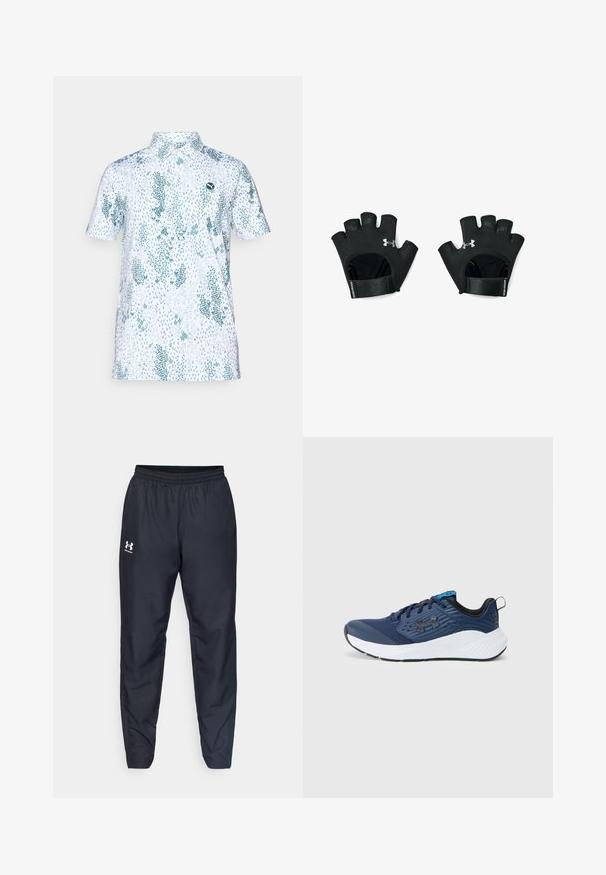 Krekls ar īsām piedurknēm baltā audumā, kas rotāts ar zaļu ziedu rakstu un apaļu logo kreisajā krūtī. Klasicisks apkakles modelis.; Melnas sporta bikses ar elastīgu jostu, sašaurinātiem galiem un baltu logotipu sānos. Izgatavotas no viegla, izturīga auduma.; Jūras zila sporta kurpe ar acu auduma augšdaļu, baltu vidusdaļu, melniem akcentiem, teksturētu dizainu un zilu valkāšanas detaļu. Ar aukliņu aizdari.; Melnas, bezpirkstu treniņu cimdus ar regulējamu plaukstas siksnu. Iezīmēta teksturēta saķere un izteiksmīgs logo aizmugurē. Izturīgs materiāls.