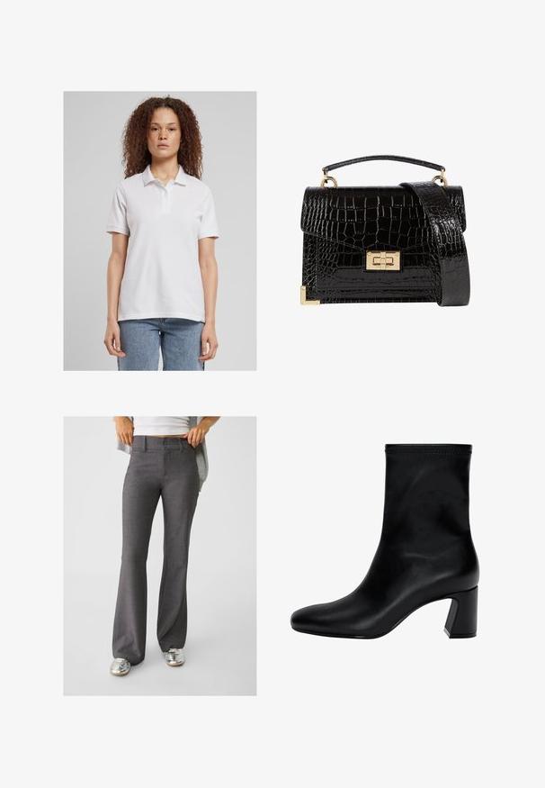 Biała koszulka polo z kołnierzykiem i trzema guzikami, wykonana z gładkiego materiału. Krótkie rękawy, luźny krój, w zestawieniu z jasnoniebieskimi dżinsami.; Szare spodnie w fasonie dzwonów wykonane z teksturowanej tkaniny, z dwoma guzikami z przodu i szlufkami na pasek, w połączeniu z błyszczącymi srebrnymi sneakerami.; Czarny botek na kostkę wykonany z gładkiej skóry. Posiada kwadratowy czubek, elastyczny górny brzeg oraz masywny obcas zapewniający stabilność. Minimalistyczny design.; Czarna torebka na ramię z lakierowanej skóry licowej o fakturze krokodyla, ze złotymi akcesoriami, górną rączką oraz odczepianym paskiem na ramię. Prostokątny kształt z klapką.