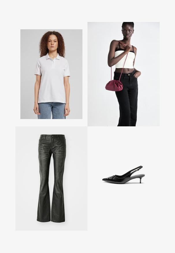 Balts polo krekls ar apkakli un trim pogām, izgatavots no gludas auduma. Īsas piedurknes, brīvs piegriezums, saskaņots ar gaiši ziliem džinsiem.; Melnas mākslīgā ādas plandošas bikses ar priekšējiem kabatām, metāla pogu aizdari un nedaudz teksturētu virsmu. Taisnas kājas ar garu griezumu.; Melni ādas slingbeki ar smailu purngalu, zemu papēdi un savāktu detaļu uz virsmas. Gluda tekstūra un minimālistisks dizains.; Burgundijas mīkstas auduma soma ar sakoptu dizainu un garu siksnu, nēsāta uz krūšu. Modelis valkā baltu piegriezuma topu un melnas džinsus.