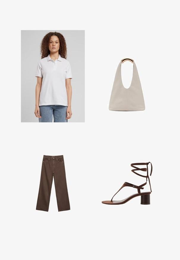 Bijela polo majica s ovratnikom i tri dugmeta, napravljena od glatke tkanine. Kratki rukavi, opušteni kroj, uparen s svijetloplavim trapericama.; Proširene smeđe traperice od denima, s visokim strukom, prednjim džepovima i klasičnom kopčom na dugme. Glatka tekstura s suptilnim šavovima.; Smeđe suède sandale s visokom petom s trokutastim remenom za prste, vezanjem oko gležnja i teksturiranom blok petom za stabilnost.; Svijetlosivi kožni torba s oblikom u slovo U i zakrivljenim metalnim drškom. Glatka tekstura s minimalnim šavovima i bez vidljivih uzoraka.