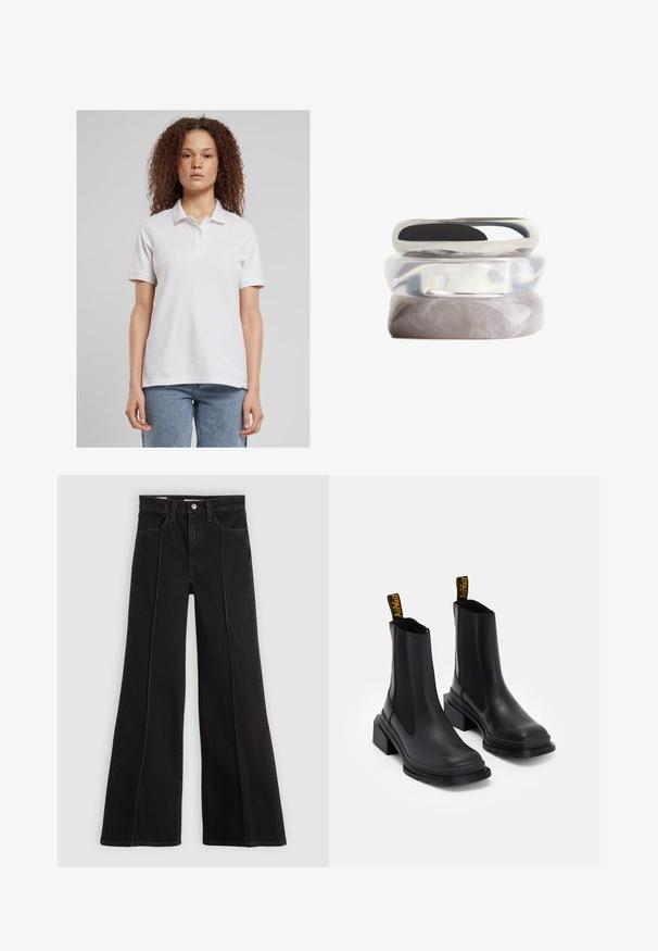 Fehér pólóing, gallérral és három gombbal, sima anyagból készült. Rövid ujjú, laza fazonú, világoskék farmernadrággal párosítva.; Fekete, magas derekú, bő szabású farmernadrág elülső varrással, gombos záródással, övhurkokkal és elülső zsebekkel, sima világos háttér előtt.; Fekete bokacsizmák sima bőrből, elasztikus oldalsó panelek, négyzetes orr és vastag sarok jellemzi őket. Sárga márkázott húzófülek találhatók rajtuk.; Három egymásra helyezett gyűrű sima felülettel, amelyek közül az egyik egy ezüst színű fémgyűrű, a másik egy átlátszó gyűrű, a harmadik pedig egy márványos világosszürke gyűrű.