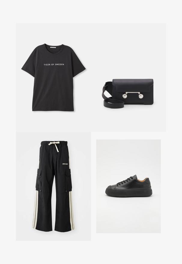 Juodas medvilnės marškinėliai su trumpomis rankovėmis ir apvalia iškirpte. Priekyje balta spalva spausdintas tekstas "TIGER OF SWEDEN".; Juodos krovinių kelnės su elastinga juosmens juosta ir raišteliu, turinčios kremines šonines juosteles, kelis kišenes ir logotipo detalę priekyje.; Juodos odinės sportinės bateliai su apvaliu pirštu, raištelių užsegimu, lygiu paviršiumi, storu guminio pado ir kontrastinga tan spalvos vidine puse.; Juodas odinis kryžminis krepšys su sklendės uždarymu, sidabro spalvos detalėmis ir dviem apvaliais akcentais. Yra nusiimamas diržas. Lygus paviršius.