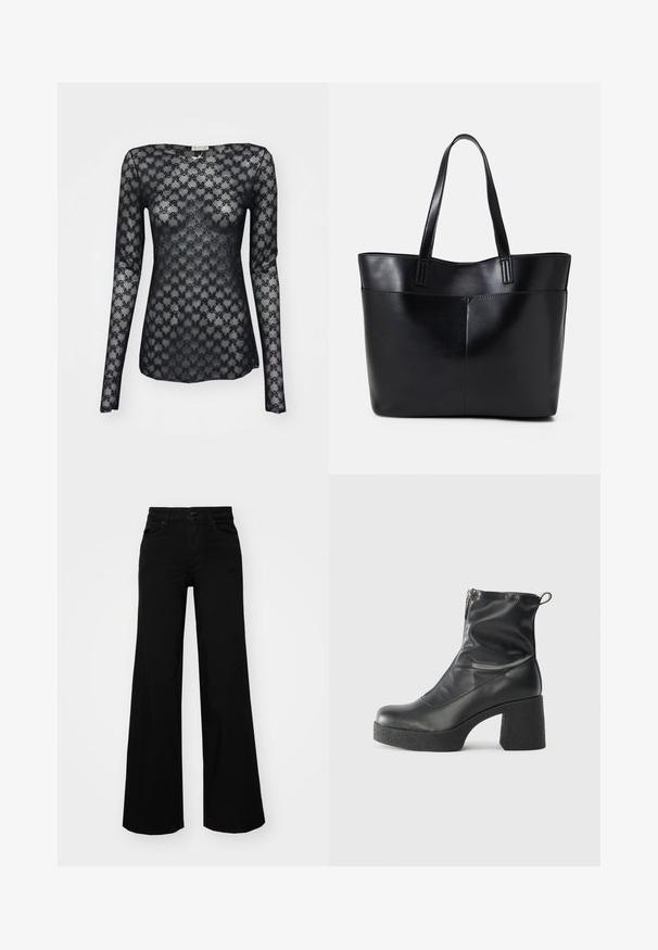 Mustapitsinen pitsipaita, jossa on pitkät hihat, geometrinen kuvio ja venepääntie. Läpinäkyvä rakenne ja vartalonmyötäinen leikkaus.; Musta leveälahkeinen farkkupanta, jossa on rakenteellinen vyötärö, vyölenkit ja etutaskut. Sujuva rakenne klassisella muotoilulla.; Mustat nilkkurit, jotka on valmistettu sileästä nahasta. Niissä on sivuvetoketju, paksu teksturoitu korko ja pyöristetty kärki.; Musta nahkainen kassi, jossa on kaksi pitkää kahvaa, sileä pinta ja jämäkkä muoto. Sisältää etutaskun lisävarastointia varten.