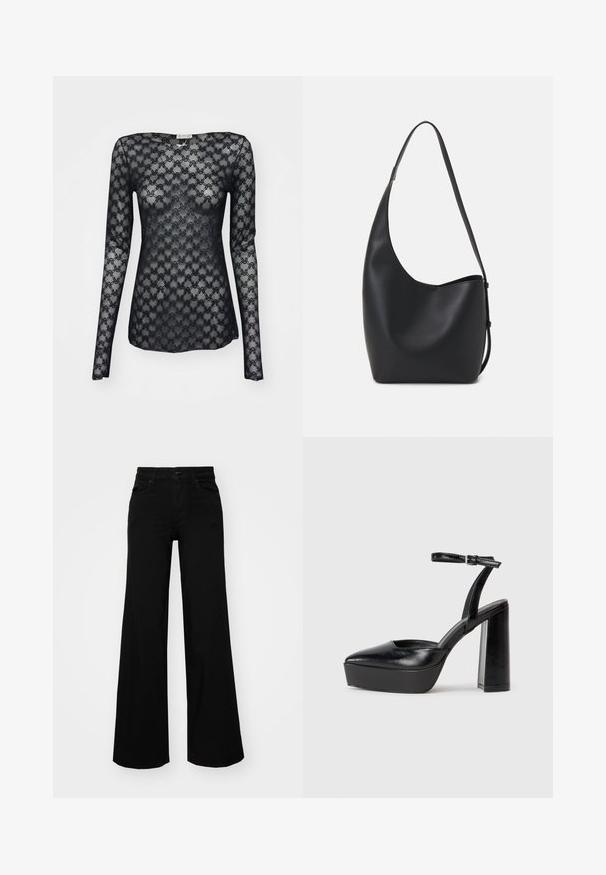 Camisa preta de manga longa em renda, com um padrão geométrico e decote barco. Textura transparente com uma silhueta justa.; Calças largas pretas em denim, com uma cintura estruturada, passantes para cinto e bolsos frontais. Textura suave com um design clássico.; Saltos altos pretos com bico fino e atilho ajustável no tornozelo. Confeccionados em couro suave, apresentam um salto bloco robusto.; Saco hobo preto em pele com uma textura lisa, forma curva e uma única alça ajustável; apresenta uma abertura larga na parte de cima.