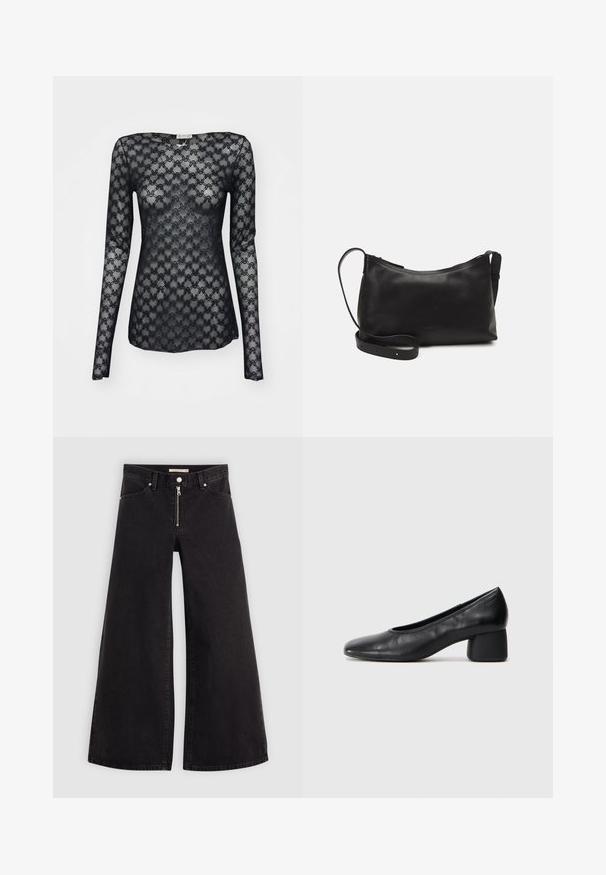 Must emal pikkade varrukatega pitsist särk, millel on geomeetriline muster ja paadi kaelus. Läbipaistev tekstuur ja kerge siluett.; Laiad teksad mustast denimist, millel on lukuga eesmine osa, viie taskuga disain ja peened õmblusdetailid. Sile tekstuur ja juhuslik stiil.; Must musta kingadega, ümarate varvaste ja keskmise plokknõrga. Sile tekstuur, minimaalse kaunistusega, kergelt elastse avaga.; Mustmust nahk õlakotil on sile tekstuur, kumer kuju, reguleeritav rihm ja lukuga sulgemine. Minimalistlik disain ilma kaunistusteta.