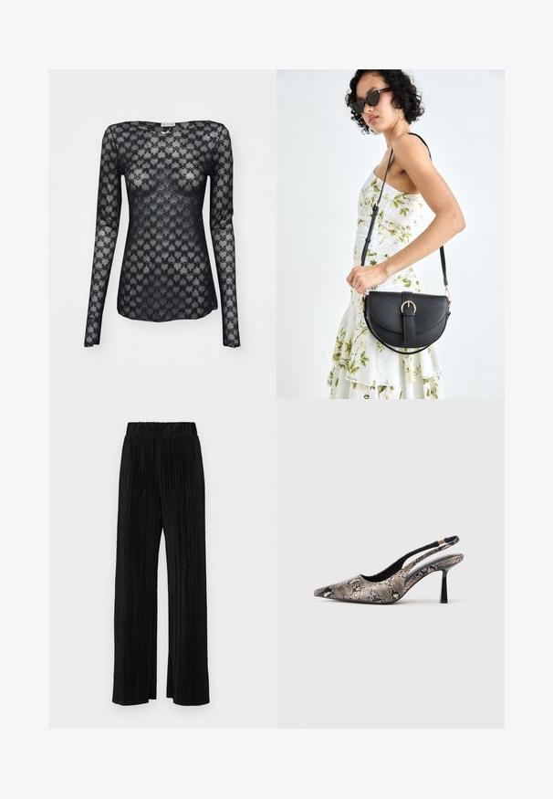 Mustast pitsist pikkade varrukatega tipp, millel on põimunud kujunditega muster, sügav ümar kaelus ja veidi liibuv lõige.; Mustad pleekitud püksid elastse vöökohtaga. Omavad laiad jalad ja sujuvat, tekstureeritud kangast vertikaalsete triipudega.; Kitsas varvusega slingback kingad, mis on valmistatud tekstuuriga maosarnase materjali toel, omavad saledat musta kõrget kontsa ja lõikega disaini külgedel.; Mustmust mustraha kõverate joontega, eemaldatava rihmaga ja kuldsete detailidega. Kotil on klapp, millel on pandladetail.