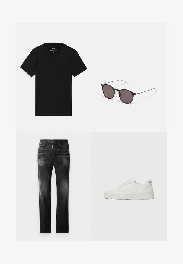 Fekete pamut póló, rövid ujjakkal, kerek nyakkivágással és a belső galléron található márkafelirattal.; Fekete farmernadrág egyenes szabással. Fakadó területek, kisebb kopások, klasszikus öt zsebes kialakítás és gombos zárás jellemzi.; Fehér bőr sportcipő sima felülettel, kerek orral, lapos fűzőkkel és texturált talppal. Finom logó található a sarokon.; Fekete kerek napszemüveg sötét lencsékkel és karcsú fém szárakkal. Átlátszó szárvégeket és ezüst részleteket tartalmaz az ívnél. Minimalista dizájn.