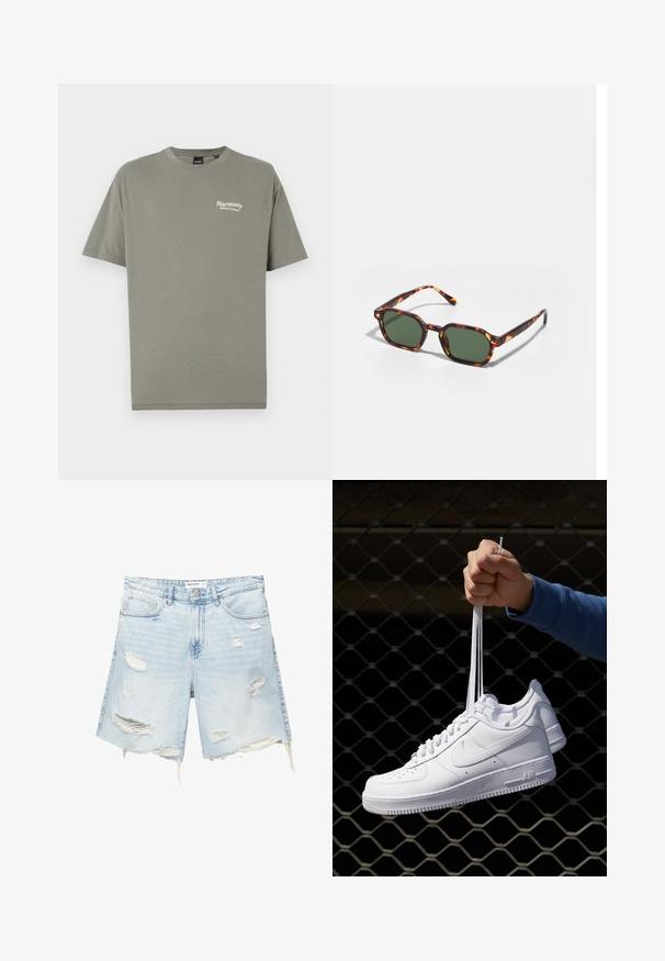 T-shirt in cotone verde oliva con maniche corte, scollatura a girocollo e testo bianco che recita "Armonia Equilibrio nella Natura" sul lato sinistro del petto.; Shorts in denim azzurro chiaro con dettagli strappati, orlo sfrangiato, cinque tasche, chiusura con bottone metallico e passanti per cintura. Design casual e dalla vestibilità comoda.; Sneakers in pelle bianca con perforazioni, punta rotonda, suola piatta e lacci spessi, con logo swoosh visibile e "AIR" sul tallone.; Occhiali da sole tartarugati con lenti verdi, dotati di una forma ottagonale e bracci sottili e curvi. Il materiale ha una finitura lucida.