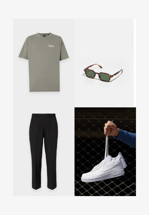 Oliivroheline puuvillane T-särk lühikeste varrukatega, ümar kaelus ja valge tekst "Harmoonia Tasakaal Looduses" vasakul rinnal.; Mustad püksid siledast kangast, sirge jala disainiga, ees olevate taskutega, ühe nööbi kinnitusega ja ilma nähtavate mustriteta.; Valged nahast tennisetossud, millel on perforatsioonid, ümar nina, lame tallus ja paksud nöörid, nähtava swooshi logoga ja "AIR" kontsadel.; Kilpkonnakuju prillid roheliste läätsega, millel on kaheksanurkne kuju ja kitsad, kaarduvad varred. Materjalil on läikiv viimistlus.