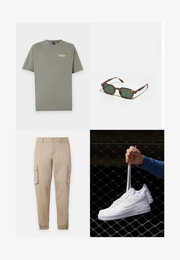 Olivegrünes Baumwoll-T-Shirt mit kurzen Ärmeln, Rundhalsauschnitt und weißen Text mit der Aufschrift "Harmonie Gleichgewicht in der Natur" auf der linken Brust.; Beige Cargo-Hosen aus leichtem Baumwollmaterial. Mit elastischen Bündchen, mehreren Seitentaschen und einem Knopfverschluss.; Weiße Leder-Sneaker mit Perforationen, runder Zehenpartie, flacher Sohle und dicken Schnürsenkeln, mit sichtbar eingesticktem Swoosh-Logo und "AIR" an der Ferse.; Schildpatt-Sonnenbrille mit grünen Gläsern, in einer achteckigen Form und schlanken, gebogenen Bügeln. Das Material hat eine glänzende Oberfläche.