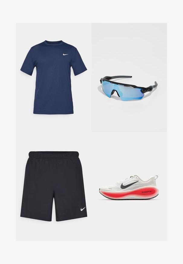 Temno moder Nike majica iz mehke tkanine, s kratkimi rokavi, okroglim vratom in majhnim belim logotipom na zgornjem levem prsnem delu.; Črne atletske kratke hlače iz lahkotnega materiala z elastičnim pasom. Imajo majhen bel Nike logo na spodnji levi strani.; Nike tekaške čevlje z belim pletenim zgornjim delom, črnim naborom in debelim rdečim ter belim oblazinjenim podplatom, označenim z "ZOOMX." Črn podplat z oprijemom.; Športne sončne očala z črnima okvirjem, velikimi lečami z modrim odtenkom in trdno zasnovo. Ponuja izboljšano ovijanje okoli obraza.