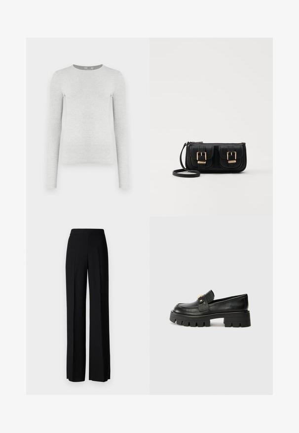 Long-sleeve gray ribbed knit top, round neckline, fitted silhouette, smooth texture, with no visible logos or embellishments.; Black wide-leg trousers with a smooth texture, featuring a high waistband and center pleats. No visible patterns or hardware details.; Black leather loafers with a chunky sole, featuring a gold-tone accent on the front and a smooth finish. Chunky tread design on the sole.; Black leather crossbody bag with two front pockets, gold buckles, zipper closure, and a slim strap. Textured surface and compact rectangular shape.
