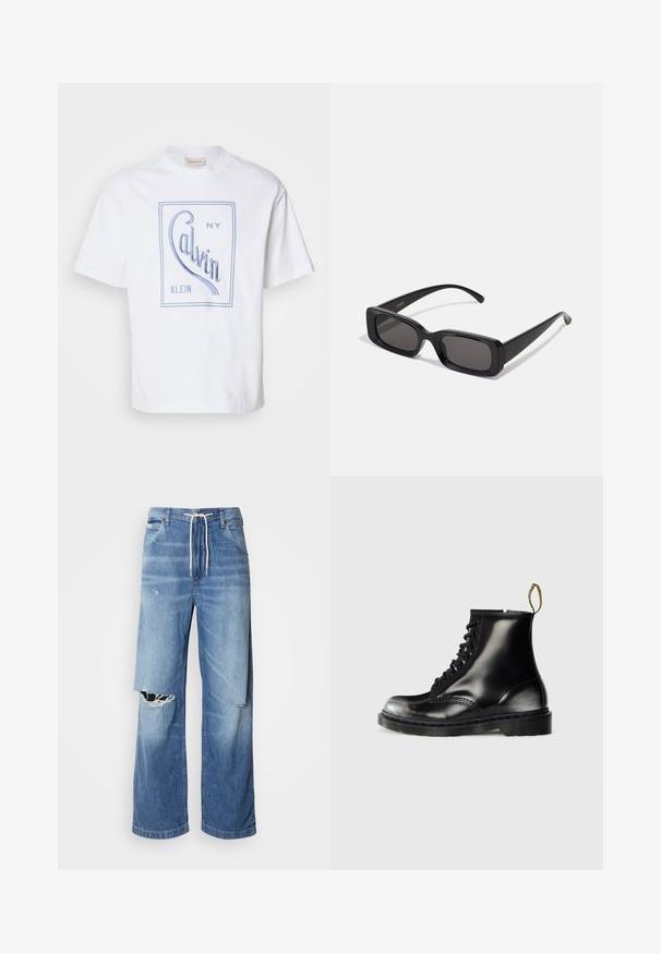 Vit bomull t-shirt med en ljusblå grafisk design med "Calvin NY Klein" i en böjd font. Kort ärm och rundad halsringning.; Ljusblå denimjeans med lös passform, med en vit dragsko i midjan och framträdande revor framtill som visar upp fransade kanter.; Svarta läderankelstövlar med en glänsande yta, åtta öglor, svarta snören och en dragtab. Har en texturerad sula med mönster.; Svarta rektangulära solglasögon med mörka linser, glänsande yta, breda skalmar och en gedigen ramdesign. Graverat märke på ena skalmen.