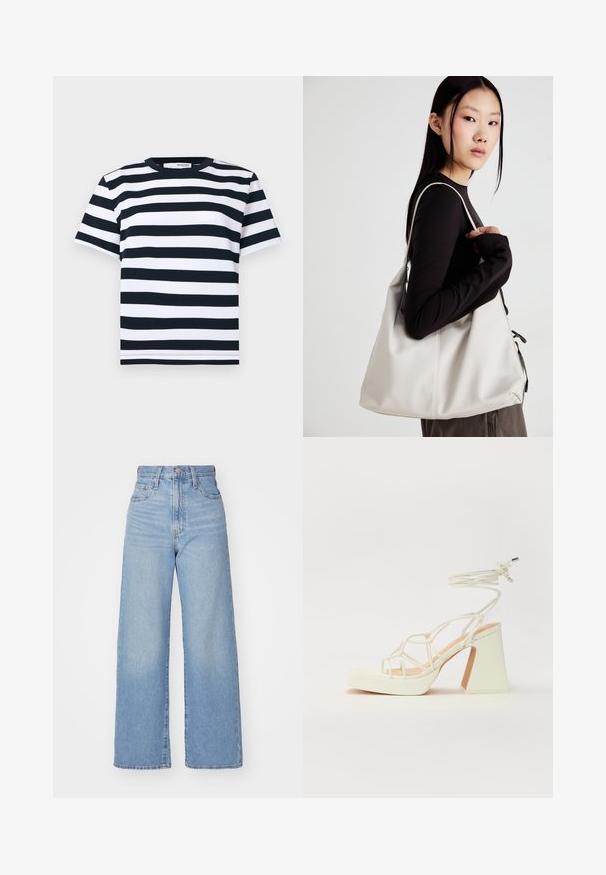 Striped t-shirt in black and white with short sleeves, crew neck, and a straight hem. Made from a soft, breathable cotton material.; Light blue high-waist wide-leg jeans with front button and zip closure, front and back pockets, on a white background.; White high-heeled sandal with a chunky heel, featuring a strappy design and ankle tie. Smooth texture with a platform front for added height.; Beige handbag made of soft material, featuring a slouchy design, stitched detailing, and two shoulder straps. Suitable for everyday use.
