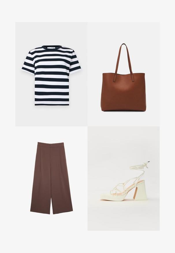 Stribet t-shirt i sort og hvid med korte ærmer, rund hals og en lige kant. Lavet af et blødt, åndbart bomuldsmateriale.; Brune bredbunde bukser med en glat tekstur, der har høj talje og plisseringer foran. Stoffet er let og falder løst.; Hvide højhælede sandaler med en kraftig hæl, der har et stropdesign og ankelbinding. Glat tekstur med en platform foran for ekstra højde.; Brun læder tote taske med en glat overflade, åben topdesign og to skulderremme. Har minimal syning og ingen synlig hardware.