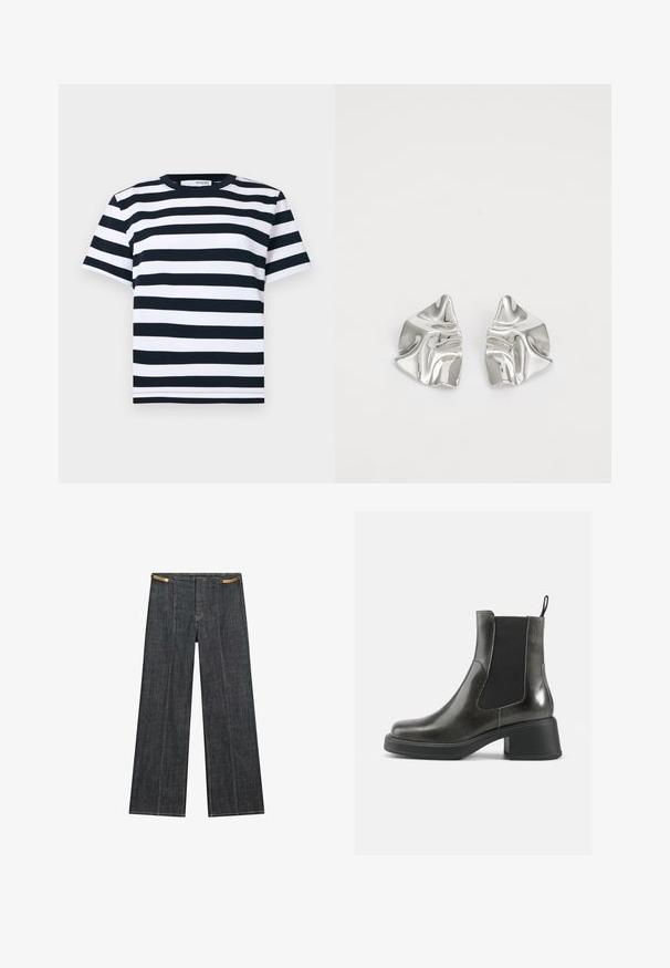 Stribet t-shirt i sort og hvid med korte ærmer, rund hals og en lige kant. Lavet af et blødt, åndbart bomuldsmateriale.; Mørk vask denim bredbensbukser med høj talje. Har synlig syning, knaplukning og en unik kædeaccent i taljen.; Sorte læder ankelstøvler med en glat finish, elastiske sidepaneler og en kraftig hæl. Har en strop for nemmere påtagning.; Sølvmetal øreringe med et bølgende, skulpturelt design, der har en poleret overflade og uregelmæssige former, hvilket fremhæver en moderne æstetik.