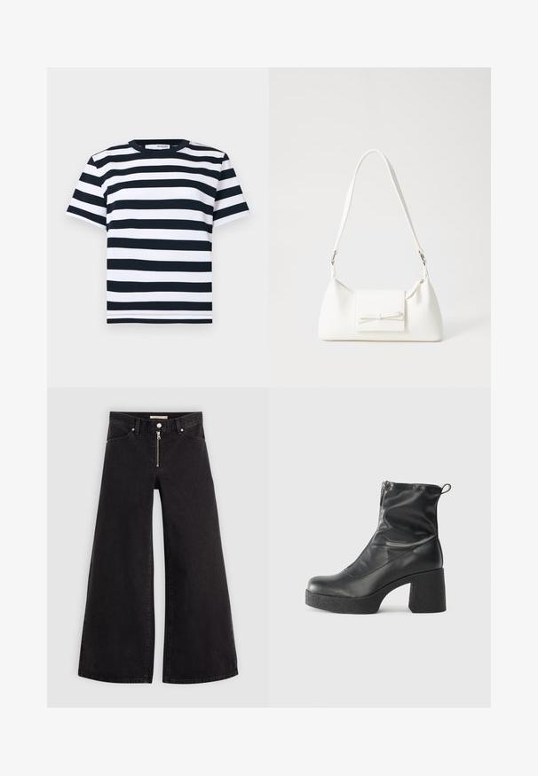 Randig t-shirt i svart och vitt med korta ärmar, rund hals och rak nederdel. Tillverkad av ett mjukt, andningsbart bomullsmaterial.; Breda jeans i svart denim med dragkedja fram, femfickorsdesign och subtila sömdetaljer. Slät textur och avslappnad stil.; Svarta ankelstövlar i slitstark läder, med sidodragkedja, kraftig strukturerad klack och rundad tådesign.; Vit syntetisk handväska med triangulär form, platt framklaff och rosettdetalj, justerbar rem, slät textur och minimalistisk design.