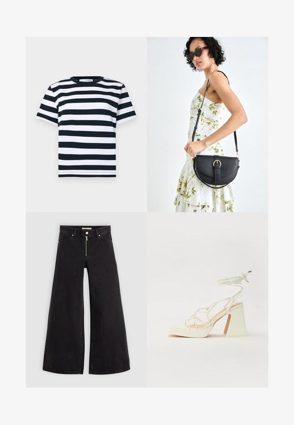 Tricou cu dungi alb-negru, cu mâneci scurte, gât rotund și margine dreaptă. Fabricat dintr-un material din bumbac moale și respirabil.; Jeans cu picioare largi din denim negru, cu fermoar în față, design cu cinci buzunare și detalii subtile de cusătură. Textură netedă și stil casual.; Sandale albe cu toc înalt și gros, cu un design cu curele și legătură la gleznă. Textură netedă, cu o platformă frontală pentru înălțime suplimentară.; Geantă din piele neagră, cu o formă curbată, curea detașabilă și accesorii aurii. Geanta are un capac cu un detaliu tip cataramă.