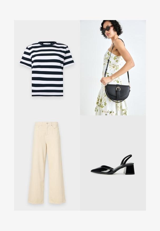 Ribaga t-särk musta ja valge triibuga, lühikeste varrukatega, ümar kaelus ja sirge alläär. Valmistatud pehmest ja hingavast puuvillast materjalist.; Bežid laiad teksad, mis on valmistatud puuvillast. Omab nööbilukku, vöökohakujusid ja eesmine taskuid, millel on sile ja pehme tekstuur.; Mustad musta lakknahk kingad, millel on terav varvas ja geomeetriline plokkkonts. Omab elegantselt minimalistlikku disaini ja sujuvat tekstuuri.; Mustmust mustraha kõverate joontega, eemaldatava rihmaga ja kuldsete detailidega. Kotil on klapp, millel on pandladetail.