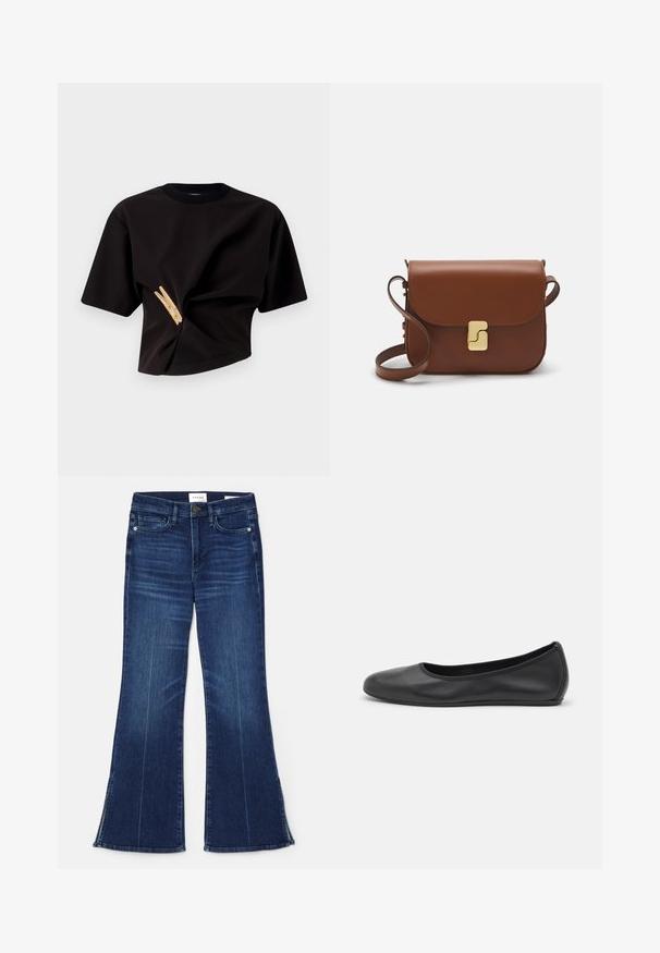 Black cropped t-shirt with short sleeves, featuring a twisted design and a decorative yellow clothespin embellishment on the front.; Dark blue flared jeans made from denim. Features a high waist, front pockets, and slit details at the hem. Classic five-pocket design.; Black leather ballet flat with a rounded toe, smooth texture, minimal stitching detail, and a flexible sole design.; Brown leather handbag with a flap closure, gold-tone hardware, a shoulder strap, and a smooth texture. Compact rectangular shape.