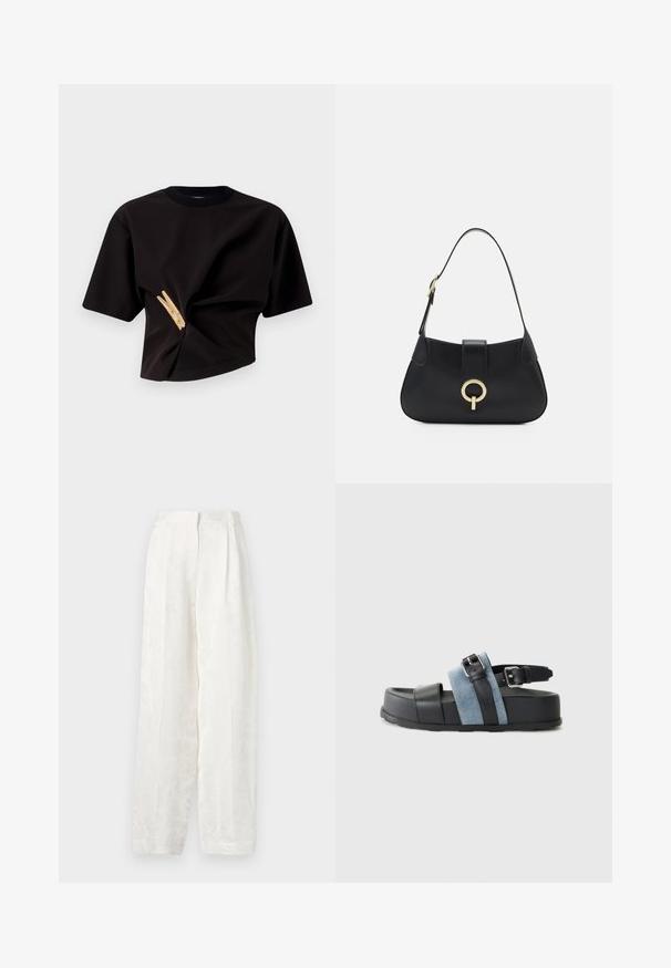 Svart kortärmad t-shirt med en snurrad design och en dekorerande gul klädnypa på framsidan.; Vita, vida byxor av slät, texturerad tyg med ett subtilt blommönster och en veckad frampanel.; Svart och blå sandal med en tjock plattform, läder- och denimmaterial, justerbar spänne och öppen tå-design.; Svart läderhandväska med en böjd silhuett, kort rem, centrala detaljer i guldton och slät textur. Inga synliga mönster eller accenter.
