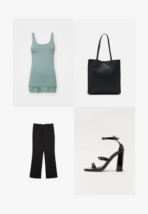 Top verde chiaro realizzato in tessuto morbido, con scollatura a barca e bordo in pizzo all'orlo. Texture liscia, design elasticizzato.; Pantaloni neri a gamba dritta, con tasche frontali e spacchi laterali all'orlo. Realizzati in tessuto morbido e liscio. Adatti a diverse occasioni.; Sandali con tacco in vernice nera, con punta squadrata, cinturini alla caviglia e fibbie in argento. Presentano un tacco a blocco spesso per maggiore stabilità.; Borsa tote in pelle nera con texture liscia, forma rettangolare e due manici lunghi. Nessun hardware o decorazione visibile.