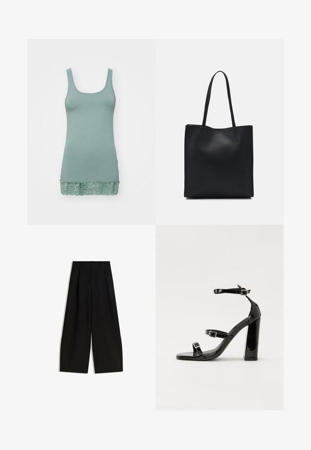 Top verde chiaro realizzato in tessuto morbido, con scollatura a barca e bordo in pizzo all'orlo. Texture liscia, design elasticizzato.; Pantaloni neri a gamba larga realizzati in tessuto liscio, con vita alta, pieghe frontali e senza decorazioni visibili o fantasie.; Sandali con tacco in vernice nera, con punta squadrata, cinturini alla caviglia e fibbie in argento. Presentano un tacco a blocco spesso per maggiore stabilità.; Borsa tote in pelle nera con texture liscia, forma rettangolare e due manici lunghi. Nessun hardware o decorazione visibile.
