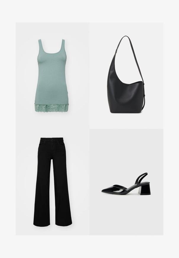 Světlonzelený top na ramínkách vyrobený z měkké látky, s kulatým výstřihem a krajkovým lemem na spodním okraji. Hladká textura, elastický design.; Černé široké kalhoty vyrobené z denimu, s pevným pasem, poutky na opasek a předními kapsami. Hladká textura s klasickým designem.; Černé lakované kožené lodičky na pásku s špičatou špičkou a geometrickým blokovým podpatkem. Vyznačují se elegantním, minimalistickým designem a hladkým povrchem.; Černá kožená hobo taška s hladkým povrchem, zakřiveným tvarem a jedním nastavitelným popruhem; má široké otevírání nahoře.