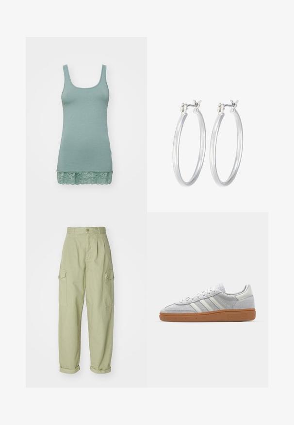 Top sin mangas verde claro hecho de una tela suave, con un escote redondeado y un borde de encaje en el dobladillo. Textura suave, diseño elástico.; Pantalones cargo verde claro hechos de tela de algodón. Presenta una cintura alta, puños enrollados y dos bolsillos laterales de carga para mayor utilidad.; Zapatillas de ante gris claro con acentos de cuero blanco, tres franjas blancas y una suela de goma marrón, que cuentan con un cuello acolchado para mayor comodidad.; Pendientes de aro de plata con un acabado liso y pulido. Forma redonda y cierre de click seguro. Diseño ligero adecuado para el uso diario.