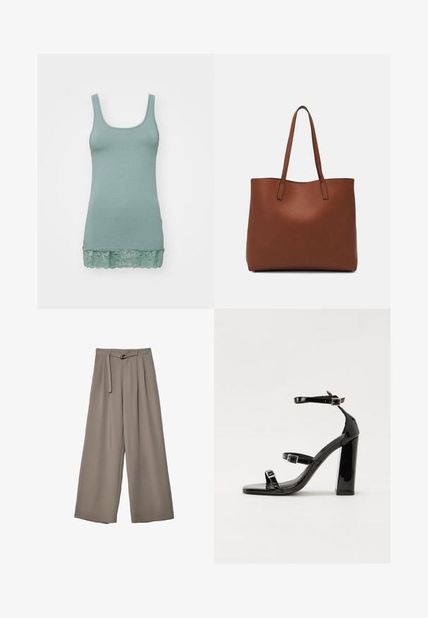 Vaalea vihreä hihaton paita pehmeästä kankaasta, jossa on avara kaula-aukko ja pitsireuna helmassa. Sujuva pinta, joustava muotoilu.; Suurille lahkeille housuille pehmeässä, hillityssä harmaassa kankaassa, jossa on vyötäröllä vyö ja lisää muotoilun yksityiskohtia kuploissa. Sileä rakenne, ei kuvioita.; Musta kiiltävä korkokenkä sandaalit neliönmuotoisella varpaalla, nilkkaremmillä ja hopeisilla soljilla. Varustettu tukevalla lohkokorkealla vakauden takaamiseksi.; Ruskea nahkainen olkalaukku, jossa on sileä pinta, avoin yläosa ja kaksi olkahihnaa. Omaavat vain minimaalisen ompelun eikä näkyvää metalliosaa.