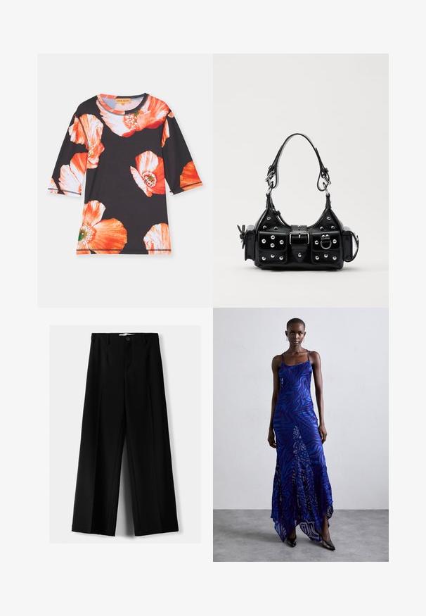 Zwarte blouse met driekwartmouwen, voorzien van grote rode en oranje bloemenpatronen. Zachte stof met een ronde halslijn en contrasterende afwerking.; Zwarte wijde broek van lichtgewicht stof, met een knoopsluiting aan de voorkant en een vlakke achterkant, afgewerkt met keurig gestikte zoom.; Blauwe en paarse dierenprint maxi jurk met dunne bandjes, een getailleerd bovenlijf, uitlopende zoom en een doorschijnende overlaydetail.; Zwarte lederen handtas met een gebogen ontwerp, voorzien van zilveren studs, een gesp en twee zijvakken. Verstelbare schouderband voor verschillende draagmogelijkheden.