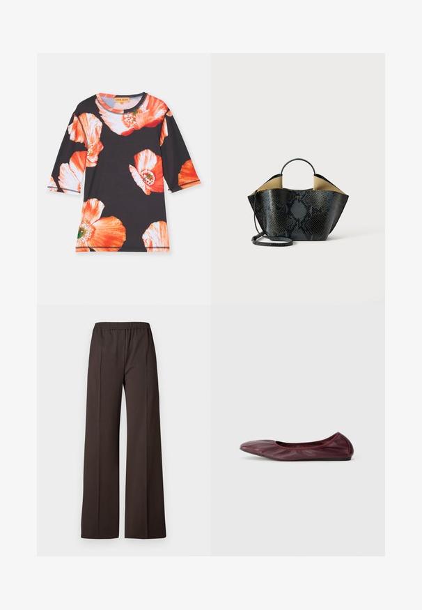 Schwarzes Shirt mit dreiviertel Ärmeln, versehen mit großen roten und orangen Blumenmustern. Weicher Stoff mit rundem Ausschnitt und kontrastierender Paspel.; Weite Hosen aus dunkelbraunem Stoff mit einem elastischen Taillenbund, die eine glatte Textur und klare Linien für einen eleganten Look aufweisen.; Ballerinas aus tiefburgunderfarbenem Leder mit runder Zehenform, elastischem Rand und glatter Textur sowie subtilen Faltendetails.; Handtasche mit Schwarz- und Graustich-Schlangenhautmuster, strukturiertem Design, doppelten Griffen und verstellbarem Schultergurt. Verfügt über ein beiges Innenfutter.