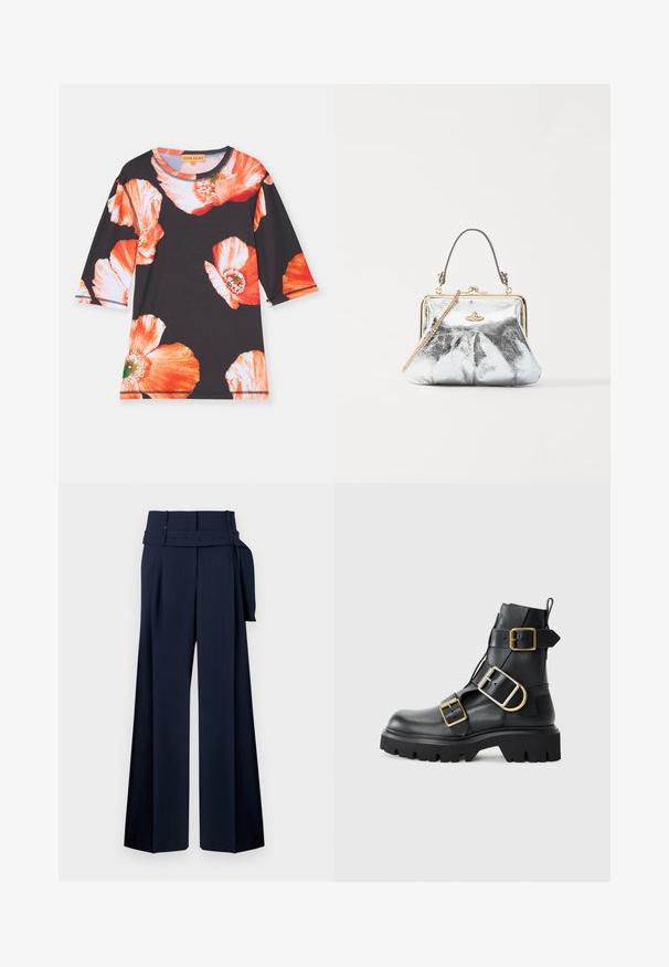 Čierna košeľa s 3/4 rukávmi, zdobená veľkými červenými a oranžovými kvetinovými vzormi. Mäkkučký materiál s okrúhlym výstrihom a kontrastným lemovaním.; Námornícke široké nohavice s vysokým pásom, vybavené opaskom s dekoratívnymi gombíkmi a sklady na prednej strane, vyrobené z hladkej tkaniny.; Čierne kožené členkové čižmy s robustnou podrážkou, s viacerými popruhmi a zlatými kovovými detailmi. Hladká textura, drsný dizajn.; Vivienne Westwood GRANNY FRAME PURSE - Kabelka - silver