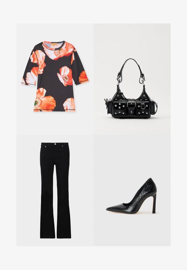 Crna majica s tri četvrtine rukavima, s velikim crvenim i narančastim cvjetnim uzorcima. Mekani materijal s okruglim izrezom i kontrastnim obrubom.; Crne široke traperice izrađene od denima, s dva prednja džepa, kopčanjem na dugme i glatkom teksturom. Potpisna šavova vidljiva na šavovima.; Crne visoke potpetice s oštrim prstima, od teksture krokodilske kože, elegantnog dizajna, visoke stiletto potpetice i glatkog crnog unutrašnjosti.; Crna kožna torba s zakrivljenim dizajnom, koja sadrži srebrne zakovice, kopču i dva bočna džepa. Podesiva traka za različite opcije nošenja.
