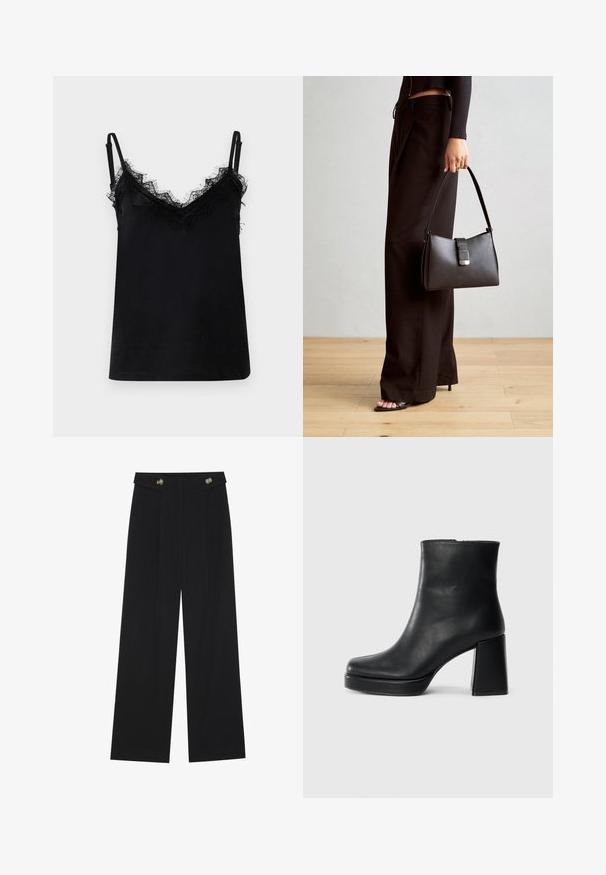 Svart cami laget av glatt stoff, med blondekant langs utringningen og stroppene. Tynne justerbare stropper fullfører designet.; Svart vide bukser med høy midje, knappdetaljer på midjebåndet og frontplisser.; Sorte skinnankelsko med blokkhæl og plattformsåle, sett fra siden på en enkel hvit bakgrunn.; Svart håndveske med strukturert form, jevn tekstur og metallisk lås. Kombinert med brede svarte bukser og sandaler med åpen tå på tregulv.