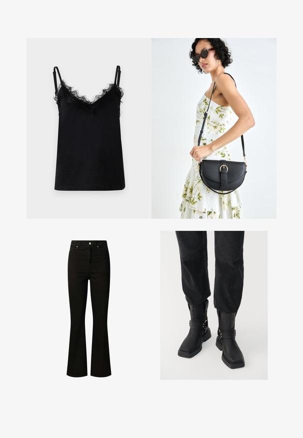 Black camisole made of smooth fabric, featuring lace trim along the neckline and straps. Thin adjustable straps complete the design.; Black flared jeans made of denim. High-rise waist with a front button closure. Features five pockets and stitched detailing along the seams.; Black leather ankle boots with a square toe, featuring a wide strap and metal buckle detail. The boots have a chunky sole and smooth texture.; Black leather handbag with a curved shape, detachable strap, and gold hardware. The bag features a flap with a buckle detail.