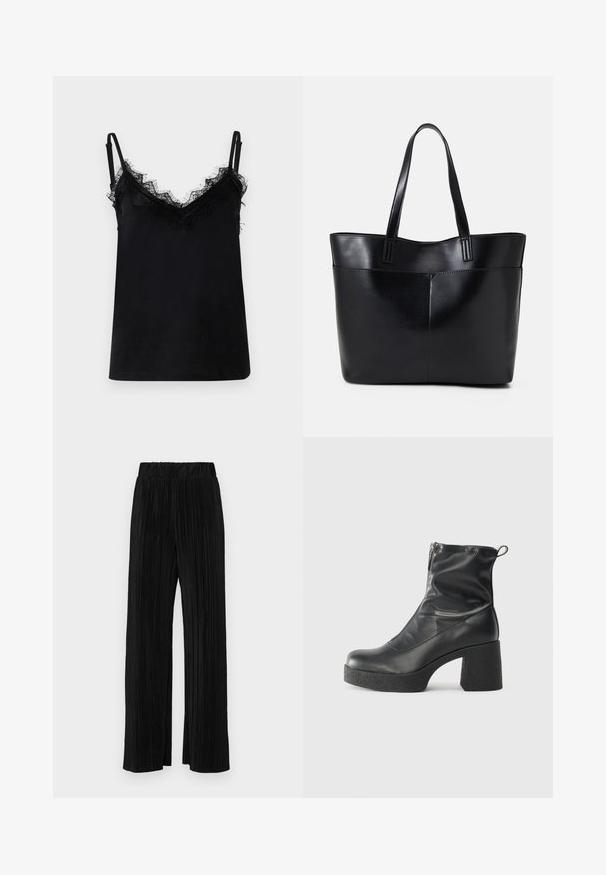 Camisola preta feita de tecido suave, com rendas na gola e alças. Alças ajustáveis finas completam o design.; Calças pregueadas pretas com uma cintura elástica. Apresentam pernas largas e um tecido liso, texturizado com riscas verticais.; Botas de tornozelo pretas feitas de couro liso, com fecho lateral, salto grosso texturizado e design de bico arredondado.; Bolsa tote preta em couro com duas alças longas, textura suave e forma estruturada. Apresenta um bolso frontal para armazenamento adicional.