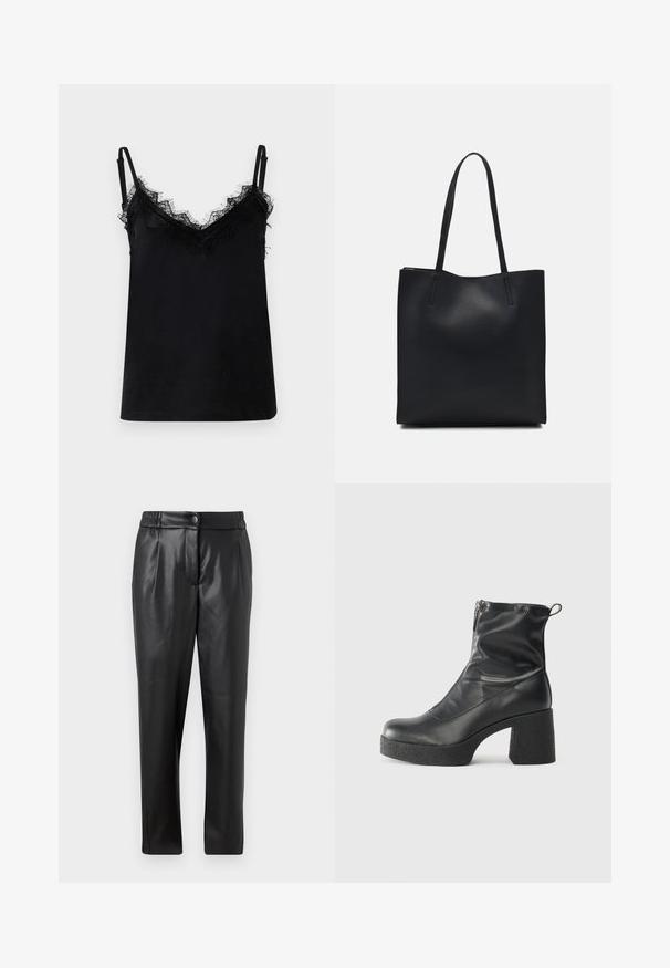 Black camisole made of smooth fabric, featuring lace trim along the neckline and straps. Thin adjustable straps complete the design.; Black leather pants with a smooth texture, straight fit, elastic waistband, and a front button closure; pleated detailing and tapered legs.; Black ankle boots made of smooth leather, featuring a side zipper, chunky textured heel, and rounded toe design.; Black leather tote bag with smooth texture, rectangular shape, and two long handles. No visible hardware or embellishments.
