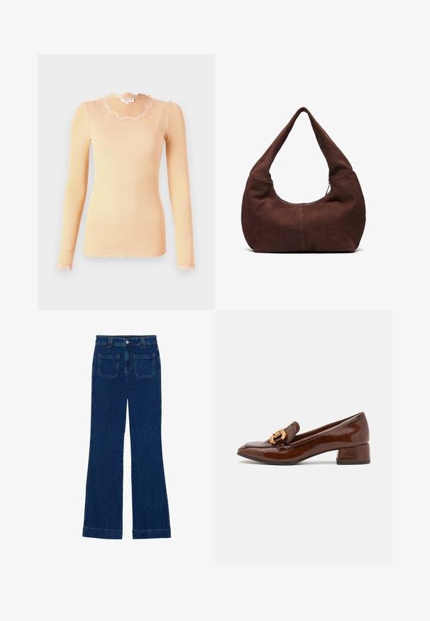 Brokatový dlhý rukáv s broskyňovou farbou a vlnitým krajkovým výstrihom a lemom. Mäkká textúra, priliehavý strih. Ľahká tkanina.; Džínsy s rozšírenými nohavicami v tmavo modrej farbe s hladkou textúrou, dizajnom s piatimi vreckami a gombíkovým zapínaním v oblasti pása.; Hnedé kožené loafers s lesklým povrchom, s dekoratívnym zlatým prackom na prednej strane a nízkym blokovým podpätkom. Klasický dizajn.; Hnedá semišová hobo taška so zakrivenou, širokou rukoväťou a veľkým otvorom. Mäkka textúra s viditeľným prešitím pozdĺž okrajov.