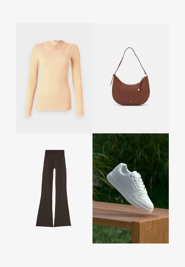 Persikinis ilgas rankovinis viršus su banguotu nėriniu apykakle ir siūlėmis. Minkšta tekstūra, prigludusi siluetas. Lengvas audinys.; Tamsiai rudos spalvos platėjančios legginsai su plačiu, raukinėtu juosmeniu. Pagaminti iš minkštos, elastingos medžiagos, su besiūle struktūra ir be matomos aparatūros.; Balti sneakeriai su lygia sintetine viršutine dalimi, perforuota pirštų zona, plokščiomis raištelėmis ir tekstūruotu padu, padėti ant medinės paviršiaus.; Ruda dirbtinės odos petinė piniginė su kreiva forma, minimalia siuvimo linija ir auksinės spalvos įranga. Yra užtrauktuko uždarymas viršuje ir reguliuojama petneša.