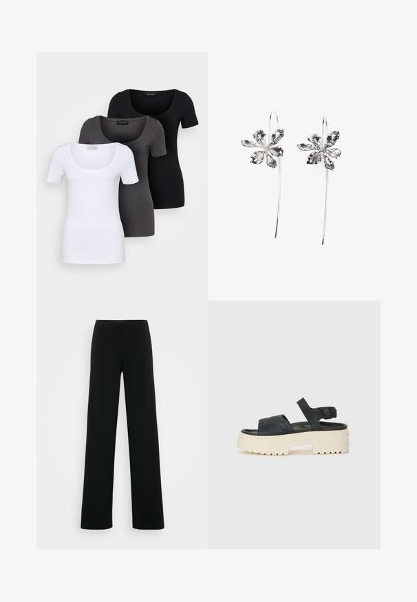 Trys priderinti marškiniai: balti, pilki ir juodi. Kiekvienas turi plačią apvalią iškirptę ir trumpas rankoves. Pagaminti iš lygaus, tamprių audinio.; Vero Moda Tall VMBERLIN ZAMIRA WIDE - Kelnės - black; Juodos zomšos platforminės sandalai su masyviu baltu padais, plačia priekinė juostele ir reguliuojamu kulkšnies užsegimu. Textūruotas padas užtikrina sukibimą.; Sidabrinės gėlių formos auskarai su tekstūruotu paviršiumi, turintys ilgas kabliuko formas ir žiedlapiams panašius detalizavimo elementus, sudarantys sudėtingą dizainą.