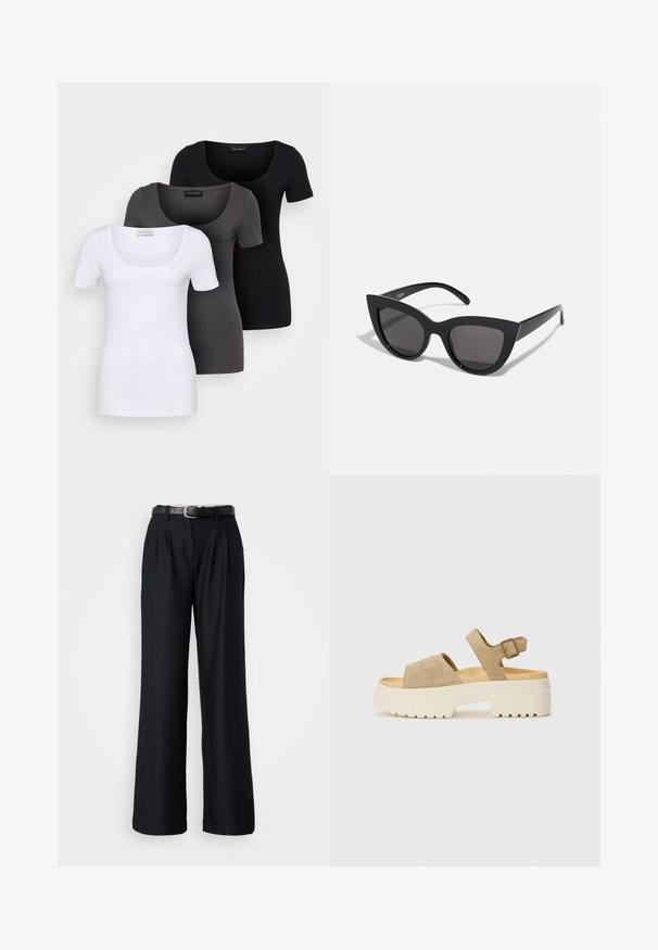 Tre åtsittande T-shirts i vitt, grått och svart. Var och en har en bred rundad halsringning och korta ärmar. Tillverkade av mjukt, stretcht tyg.; Svarta vida byxor gjorda av ett slätt tyg, med framvikt och ett matchande svart bälte med en silverspänne.; Sametsandaler i ljusbeige med bred rem och justerbar ankelspricka. Klumpig vit sula med texturerat mönster för grepp.; Svarta kattögon-solglasögon med matt yta, utrustade med gråtonade linser, skarpa vinklar och slanka sidobågar. Varumärket synligt på den inre bågen.
