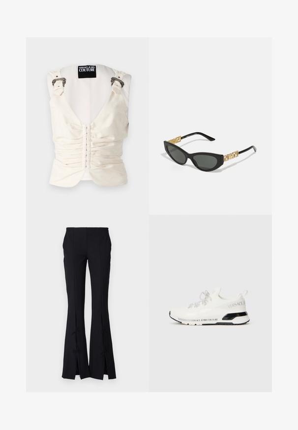 Balta susiraukšlėta palaidinė su reguliuojamomis petnešomis, puošta metaliniais akcentais. Sukurta su giliu V formos iškirpimu ir mygtukų uždarymu priekyje.; Juodi plačiai floruoti kelnių, pagaminti iš lygaus audinio, su plyšiais apatinėje dalyje, surišamais kaspinais, kad pridėtų papildomą detalę.; Baltos sportbačiai su tinklinėmis viršutinėmis dalimis, juodais akcentais ir atspindinčiomis raištelėmis. Ant šono yra „VERSACE JEANS COUTURE“ ženklas.; Juodos katės akies formos saulės akinius su tamsiais objektyvais, puošiančiais auksiniai geometriniai akcentai ant šventyklų ir švelnus matinio paviršiaus apdorojimas.