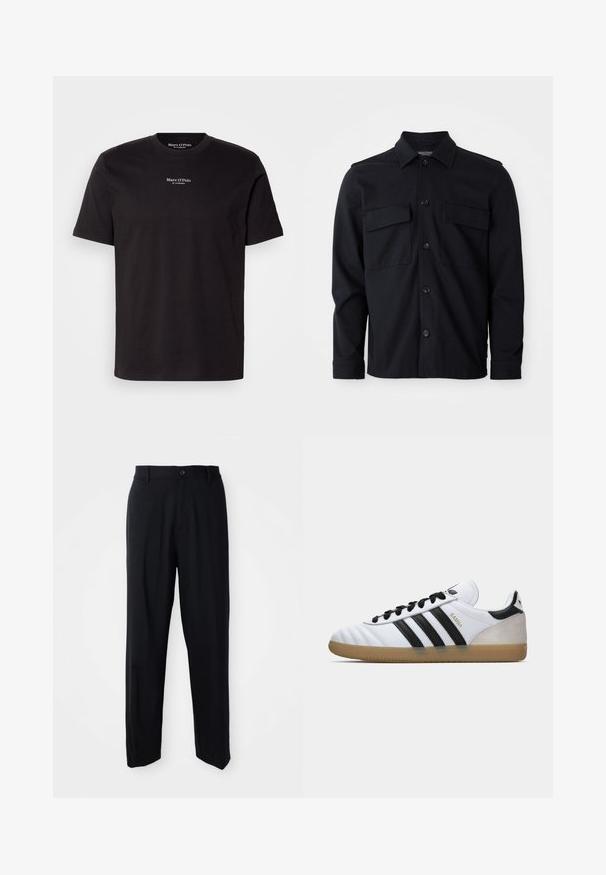 Čierne bavlnené tričko s krátkymi rukávmi, okrúhlym výstrihom a bielou potlačou loga na hrudi. Jednoduchý, klasický dizajn.; Čierna bunda s dlhým rukávom, golierom, predným zapínaním na gombíky a dvoma náprsními vreckami na jednoduchom bielom pozadí.; Čierne nohavice rovného strihu s pútkami na opasok, zapínaním na gombík a elegantným, minimalistickým dizajnom na neutrálnom pozadí.; Biele tenisky Adidas Samba s čiernymi pruhmi, čiernymi šnúrkami, béžovou semišovou pätou a gumovou podrážkou, zobrazené v ľavom bočnom profilu.